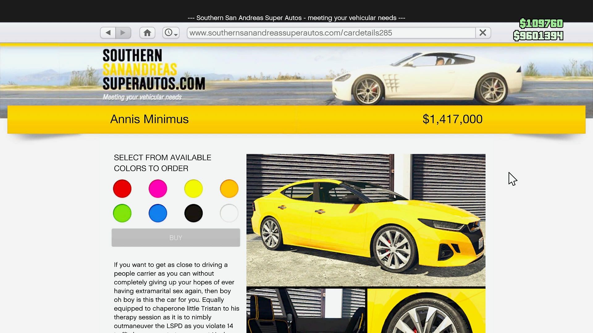 Minimus' page on Southern San Andreas Super Autos (Image via Rockstar Games)